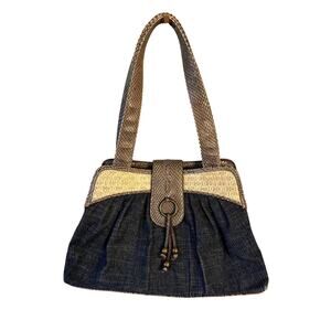 Y2K Nine & Co. Denim Purse Faux Snakeskin Trim Shoulder Bag 2000s Baguette